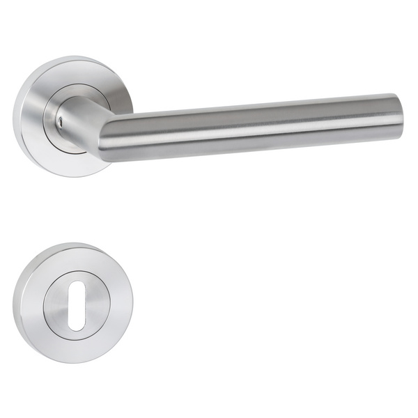 Drückergarnitur Volume, Edelstahl matt, Schraubrosette fest/drehbar mit Rückholfeder, Klasse 3, BB