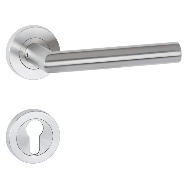 Drückergarnitur Volume, Edelstahl matt, Schraubrosette fest/drehbar mit Rückholfeder, Klasse 3, PZ